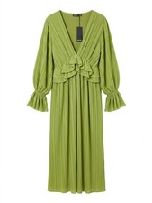 Nasty Gal Green Plisse Pleated Maxi Dress Long Sleeve Ruffle V-Neck Sage Size 6