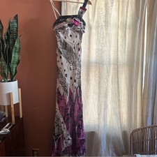 Dave  Johnny Vintage Y2K Silk Dress Beaded One Shoulder Formal Cocktail Size 4
