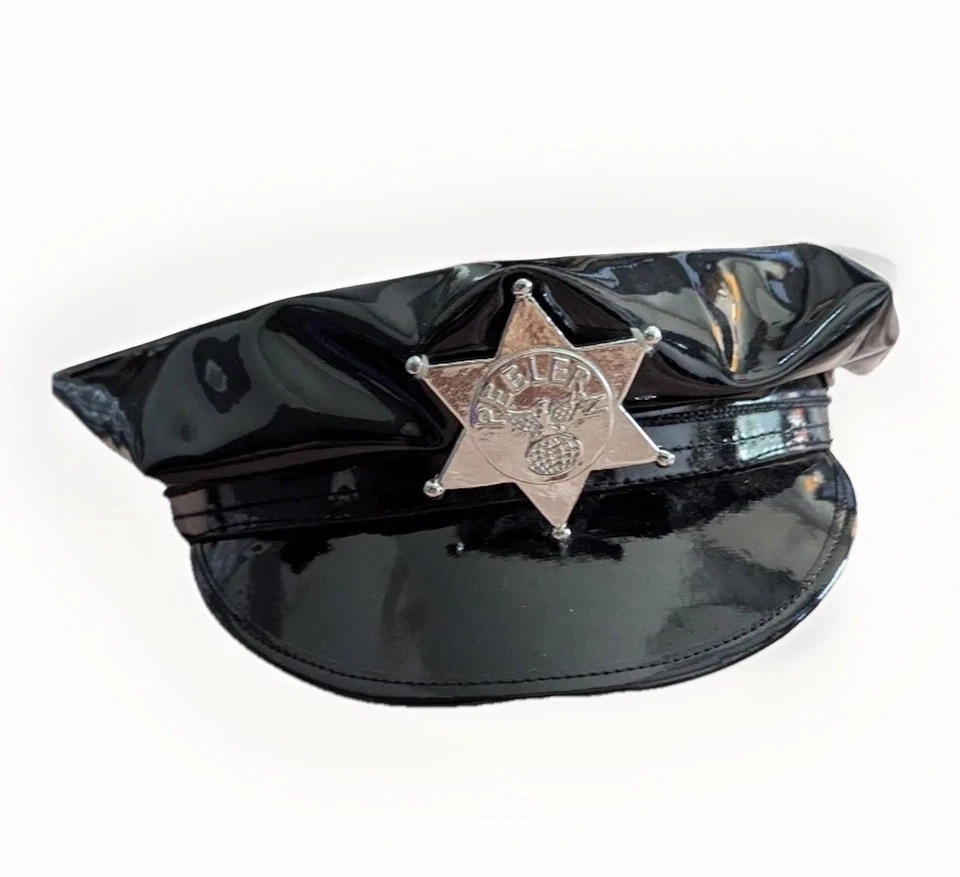Vinyl Police Officer Hat Cap Costume Dominatrix Peeler Cop Patent Leather Black - Image 2 of 4