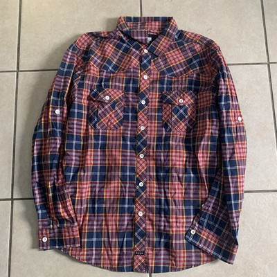 hype Men's Plaid   Long Sleeve Button-Up Shirt Red Blue Yellow White L