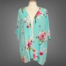 Davi&Dani Womens Kimono  M Blue Pink Floral Print Open Cover Up Boho Beachy