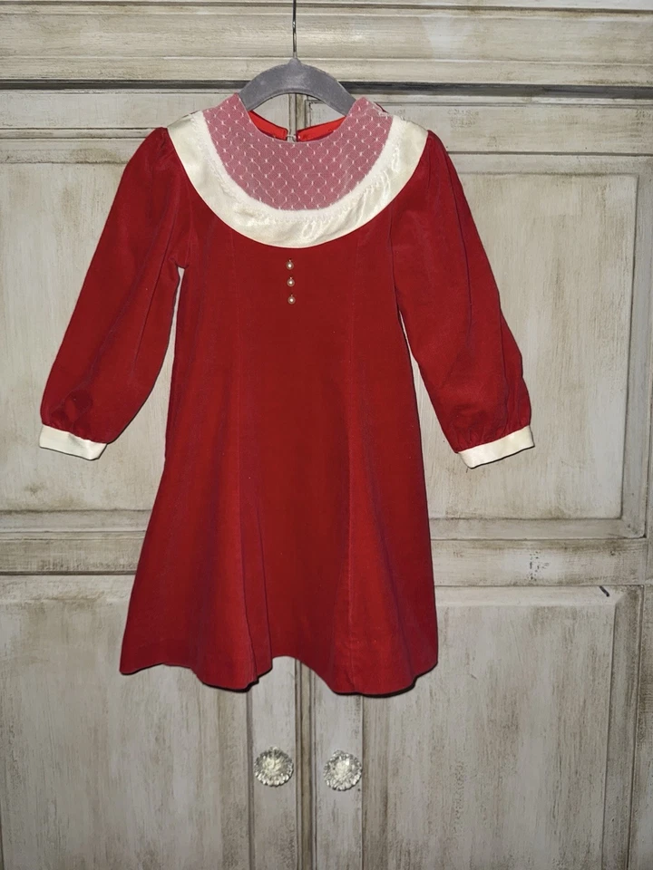 Vestido Polly Flinders vintage para niñas * Terciopelo rojo * Satén * Encaje * Perla * Talla 5 Foto 2 de 4