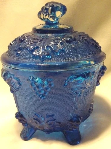 VTG Jeannette Glass Harvest Grape Pattern Footed Blue Candy Dish READ B2