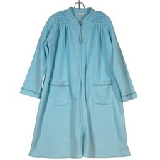 Miss Elaine Womens Blue Terry Zip Front Robe Grandmacore Embroidered Housecoat M
