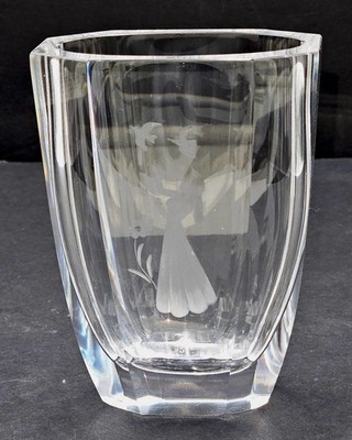 Crystal Vase Orrefors With Etched Girl with Birds Signed