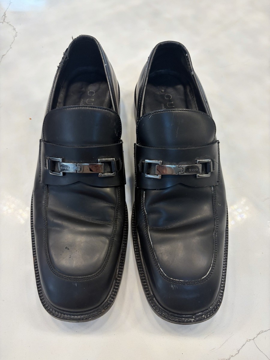 Gucci Black Leather Horsebit Loafers Dress Shoes Size 10D Vintage Square Toe A pair of black leather horsebit loafers by Gucci, featuring  main image 4