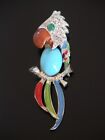 Brooch Pin *Lovely* Island Bird Vtg Turquoise Cabochon Rhinestone Parrot