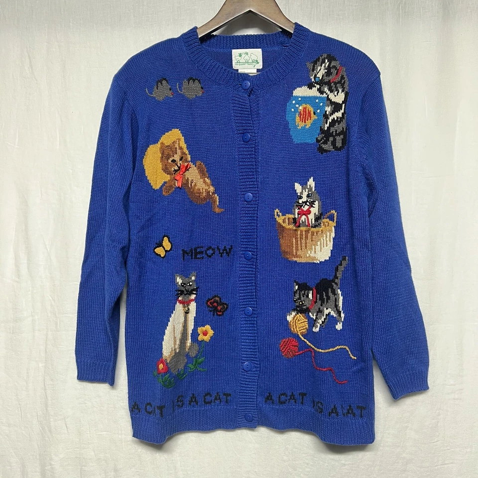 Vintage Quacker Factory Cat Cardigan Sweater Size S Embroidered 90s Kitty 3D - Image 3 of 4