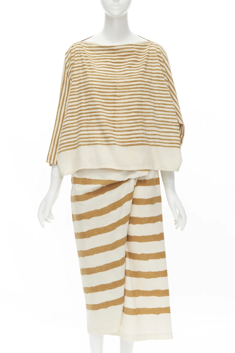 ISSEY MIYAKE 1980's Vintage beige yellow tribal stripe boxy top skirt set