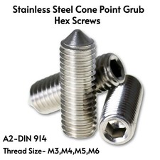 M3-M6 A2 STAINLESS STEEL CONE POINT GRUB SCREWS HEX SOCKET SET SCREW DIN 914
