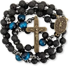 Men's Black Lava Rosary with Blue Tiger Eye Saint Michael Medal & Cross Necklace
