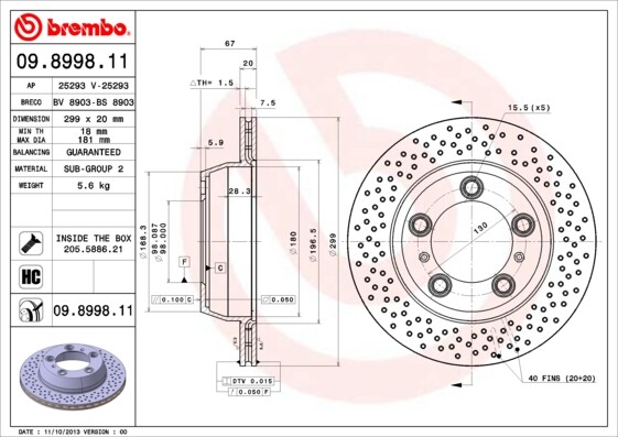 Rear Set 2x Brake Discs BREMBO 09.8998.11 for Porsche Boxster/Cayman (16-21) - Image 11