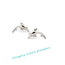 Sterling Silver Dolphin Post Earrings With CZ Small 
