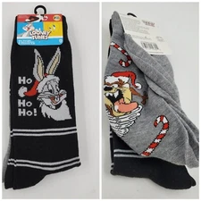 2 Pair Looney Tunes Holiday Crew Socks, Adult Shoe 6-12, Bugs Bunny Taz S14 MP