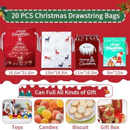 Drawstring Christmas Gift Bags - 20PCS Assorted Sizes Christmas Bags for - Bild 7 von 8