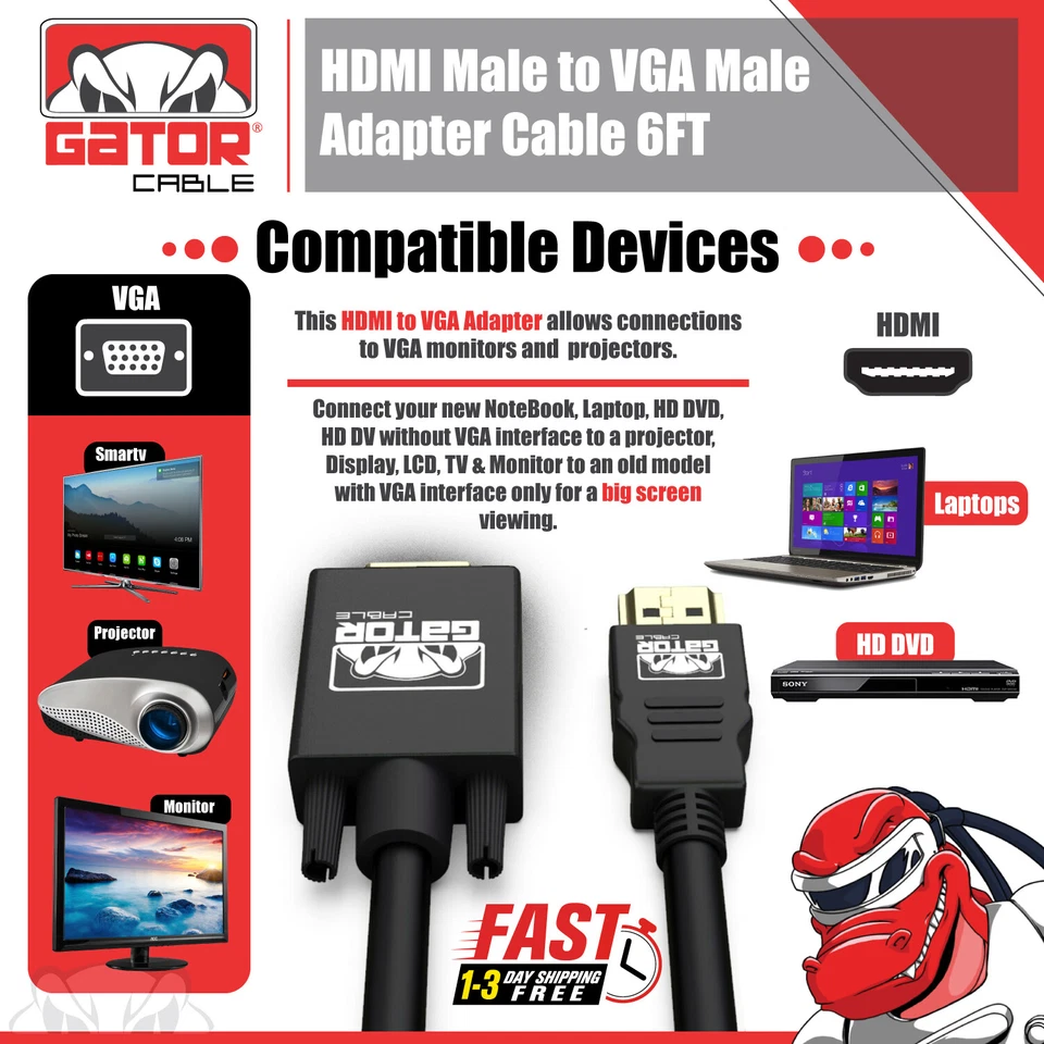 HDMI to VGA Cable Converter Adapter For HDTV PC Desktop Monitor Video 1080P 6FT - Image 4 of 4