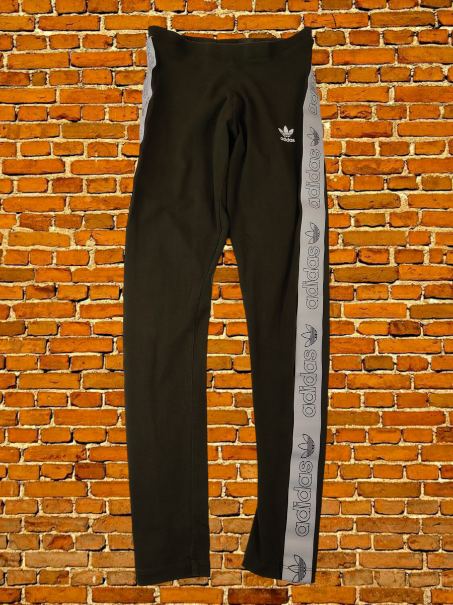 WOMENS ADIDAS UK KHAKI GREEN LOGO SPORT LEGGINGS TROUSERS ACTIVE