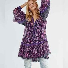 Free People Rosebud  Mixed Print Dress /Tunic  Black Purple Pink  XS  NWOT