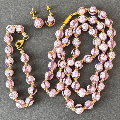 Vtg Murano Millefiori Venetian Glass Necklace Bracelet Earrings Purple Flowers