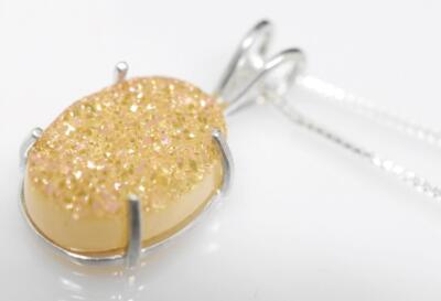 Designer FI Oval Druzy Stone Sterling Silver 925 Pendant Box Link