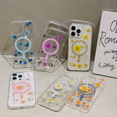 Glitzer Hülle für iPhone 16 13 14 15 Pro Max Klar Blume MAGSAFE Magnet Cover