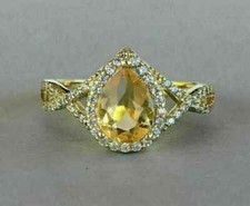 Pear Cut 4Ct Yellow Citrine Halo Engagement Ring Solid 14K White Gold Finish