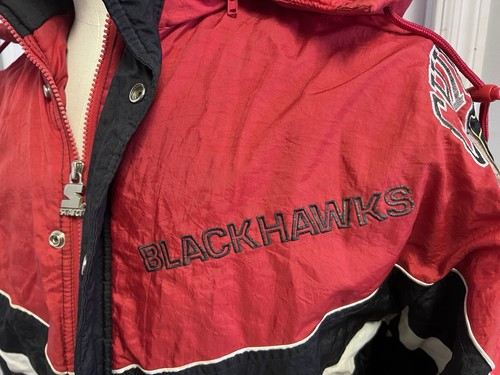 Vintage Starter Chicago Blackhawks Puffer Jacket grande rosso nero hockey con cappuccio - Foto 15 di 21