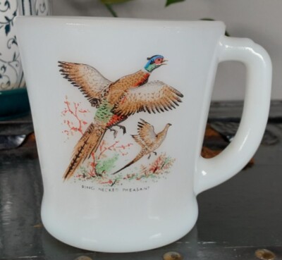 Vintage Fire King Milk Glass - Ring Necked Pheasant -  Coffee Cup / Mug 1950's 