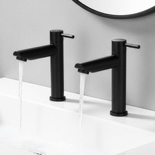 Black Basin Pillar Taps Pair, Twin Hot & Cold Sink Taps, Round Cloakroom Taps
