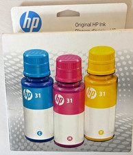HP 31 Cyan/Magenta/Yellow Original Ink Bottle 3-Pack, model 9C228AN