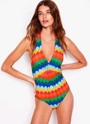NWT! Boden Multi Ruched Loop Swimsuit ONE-PIECE Multi Color Halter! Size 14