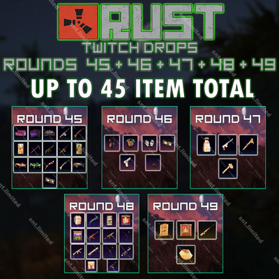 #ad RUST TWITCH DROPS ALL Rounds 45 49 Up to 45 items total STEAM $7.99