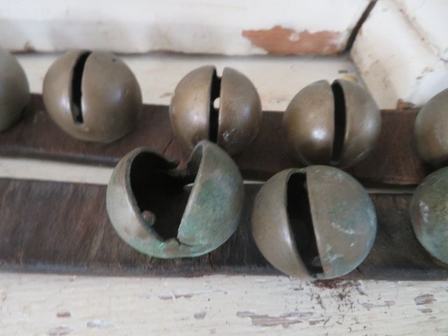 FABULOUS Old Antique Brass Horse SLEIGH BELLS on Leather Strap 49 Bells 2 Pieces