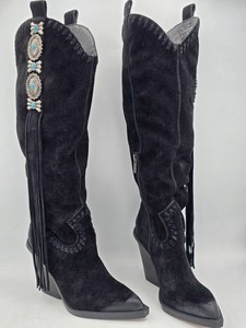 FESTIVAL ? COWBOY CORE 1929 FRINGE KNEE HIGH BLACK SUEDE BOOTS Vegas Side Fringe Layered Detail Knee High Western Cowboy  main image 3