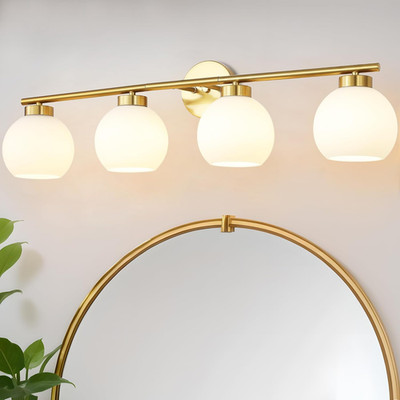 Gold Mid Century 4-Light Vanity Light with Frosted Globe Shades