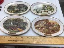 Currier and Ives Tin Trays American Homestead 4 Seasons Fabcraft USA Set of 4