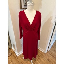 Talbots Red Holiday Dress V-Neck Fit and Flare Midi  3/4 Sleeve Size L