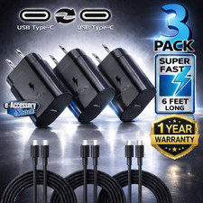 3 Pack 25w USB-C Fast Wall Charger 6ft Cable For Galaxy S25 S24 S23 S22 Ultra 