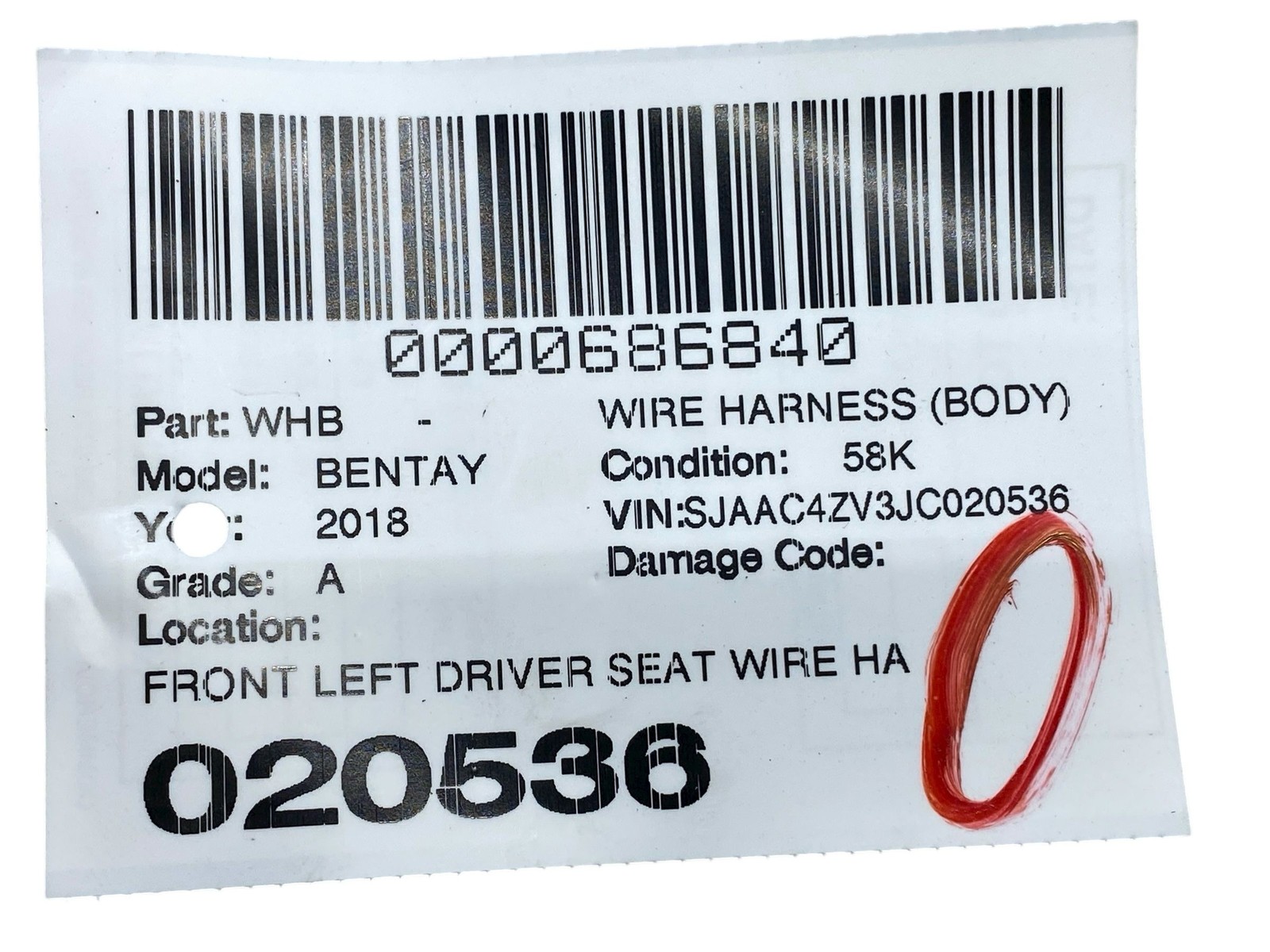 2016-2020 BENTLEY BENTAYGA FRONT LEFT DRIVER SEAT WIRE HARNESS 36A971369AM