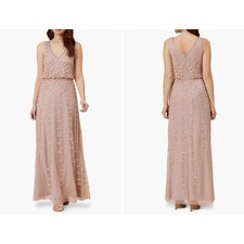 Adrianna Papell Beaded Mesh Blouson Gown Steel Rose Leaf Size 12 NWT