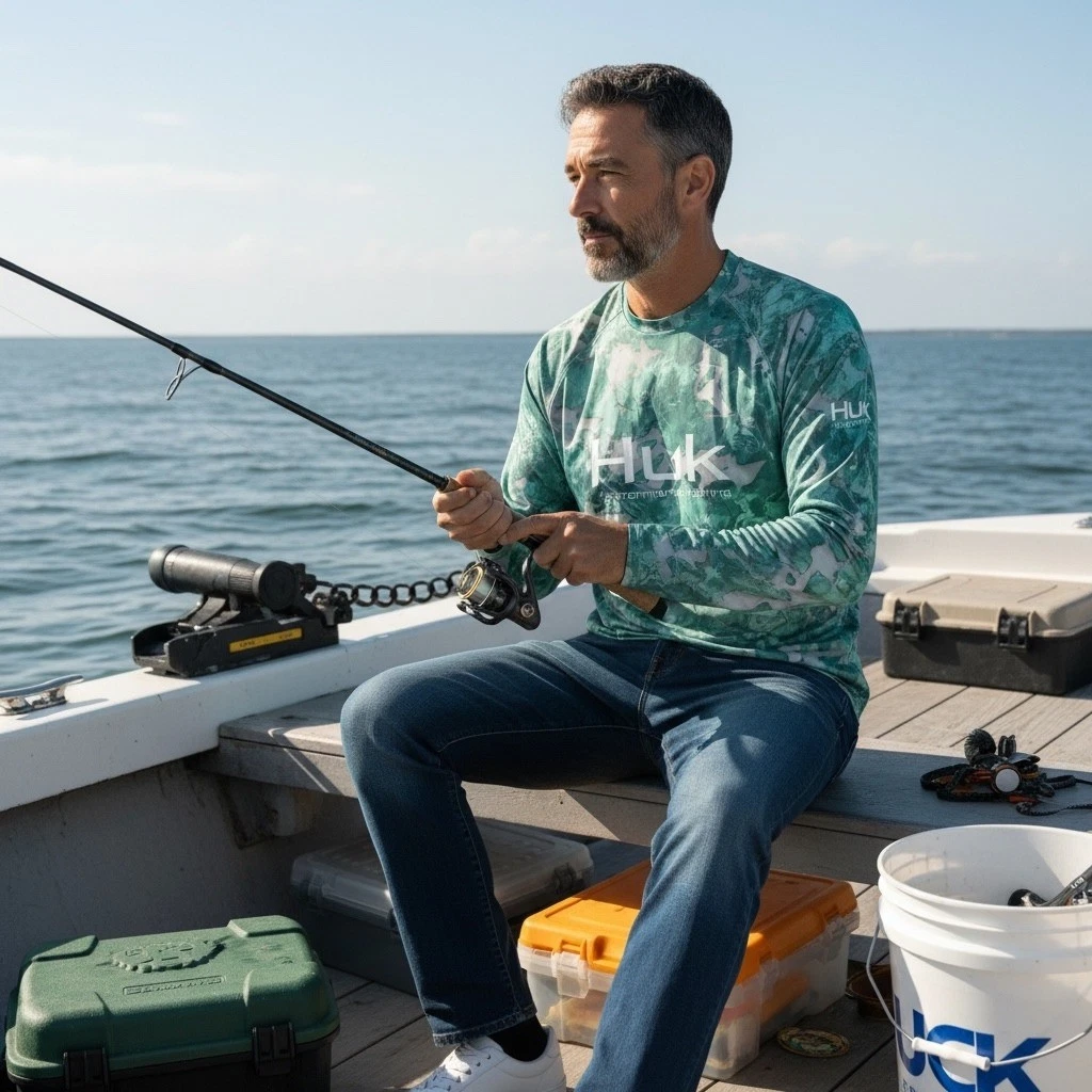 Huk Mens Performance Fishing Shirt Mossy Oak Fracture Camo Green Long Sleeve S