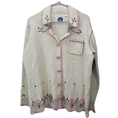 Vintage Storybook Knits Romantic Flowers Crochet Cottagecore Cardigan MEDIUM
