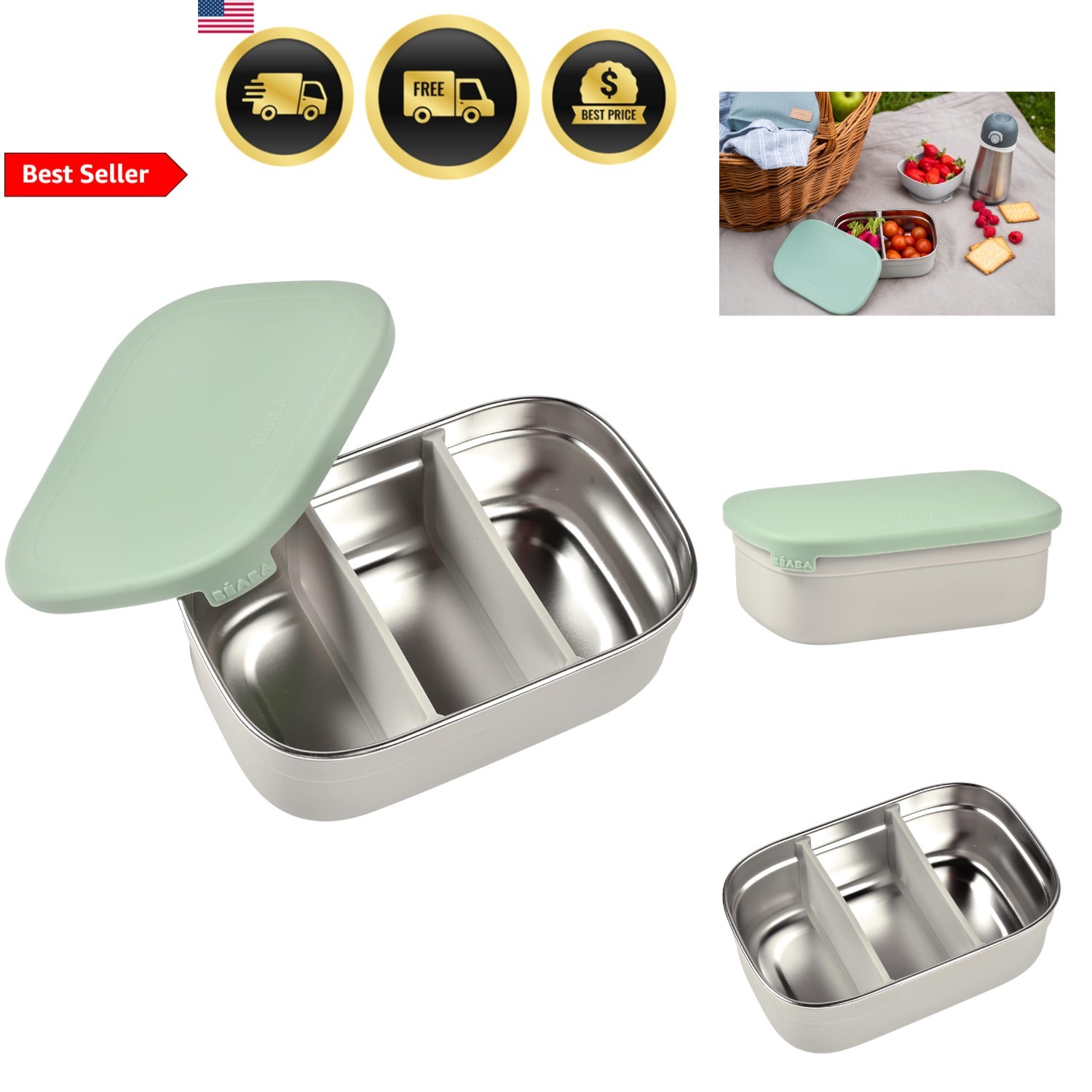 With Silicone Lid And Dividers Bento Food Cont...