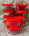 PYREX 1 CUP BOWLS WITH RED LID SET OF 5 NEVER USED NEW WITHOUT BOX