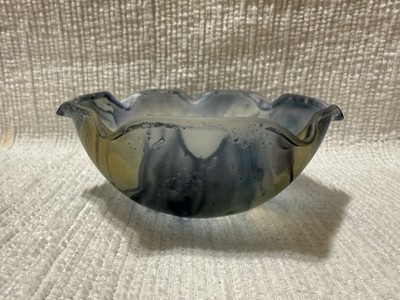 Nouveau Art Glass-Hand Painted By Rueven-Frosted Blue/Tan-Fluted 5  Col. Bowl