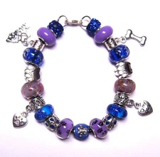 LOVE MY DOG HEARTS PAW PRINTS BONE EUROPEAN MURANO GLASS BEAD CHARM BRACELET