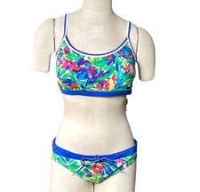 Lands' End Floral 2-Piece Bikini Royal Blue Trim Accents Girls 14 170F