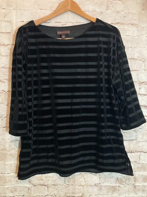 Dana Buchman Top Womens Large Black Velvet Burnout Semi Sheer Striped Grunge