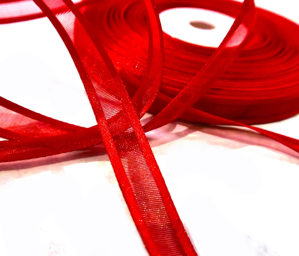 3/8" Red Satin Edge Organza Sheer Ribbon 25 yards 75 ft. - Image 2 of 2