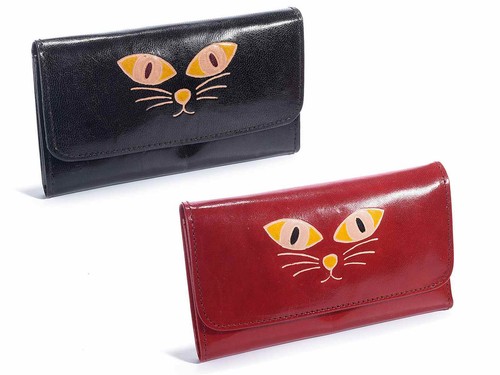 Portafoglio in pelle colorata con incisione a gatto e bottone | eBay